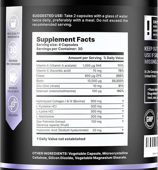 Hair Vitamins for Hair Loss for Women – Biotin for Hair Growth – Hair Loss Treatments for Women – Healthy Hair Skin and Nails –120 Capsules – 30 Servings