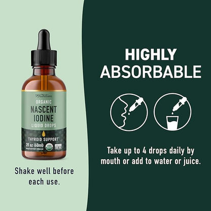 Organic Iodine Liquid for Thyroid Support | Nascent Iodine Supplements | USDA Certified Organic | Decolorized Potassium Iodide Liquid for Thyroid Support | 1100 mcg | 2 Fl Oz, Over 1-Year Supply