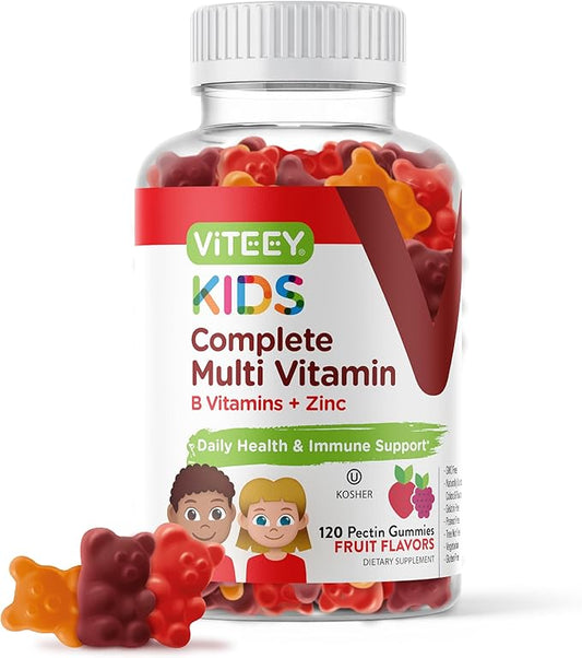 Viteey Kids Multivitamin Gummies, Complete Daily Essential Kids Vitamins - Great for Immune Support & Overall Health - 12 Essential Minerals & Vitamins - Vegetarian, Gelatin Free- Fruit Flavor Gummy