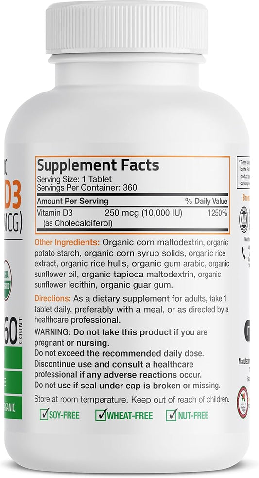 Bronson Vitamin D3 10,000 IU (250 mcg) Certified Organic High Potency Non-GMO Vitamin D Supplement, 360 Tablets