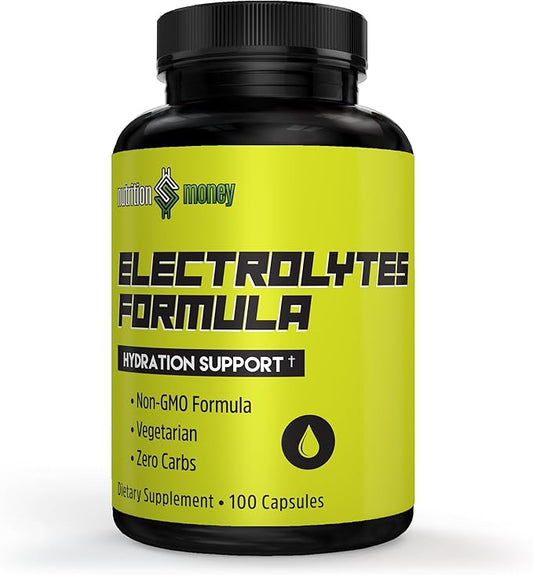 NutritionMoney Electrolyte Premium Hydration Supplement – Sugar Free, Zero Carbs, Non-GMO, Zero Calories, Keto-Friendly, Supports Carnivore Diet, Optimal Rehydration Electrolytes Capsules - 100 Count