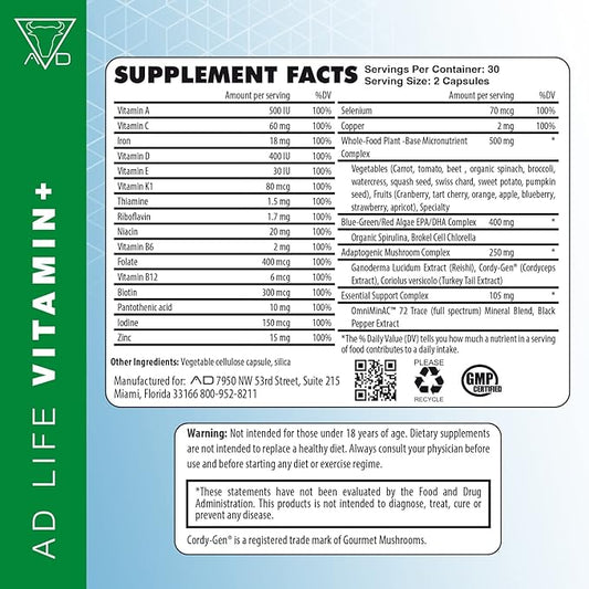 Project AD Vitamin+ Multimineral Multivitamin Supplement Complete Antioxidant, Energy & Immune Support. (60 Servings)