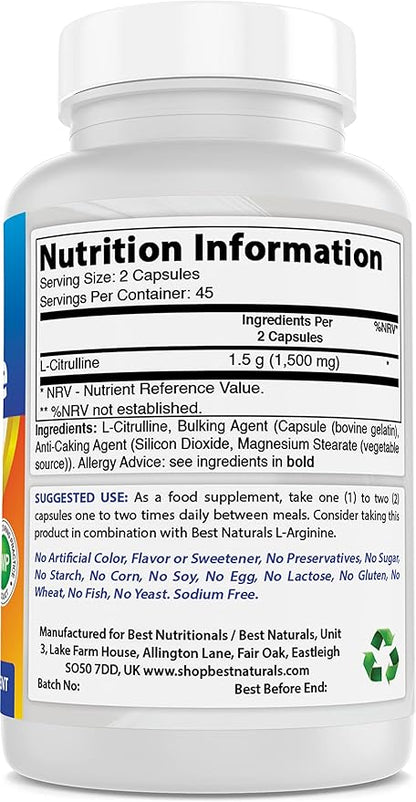 Best Naturals L-Citrulline Capsules - 1500mg/Serving - Non-GMO - Gluten Free - 90 Capsules (90 Count (Pack of 3))