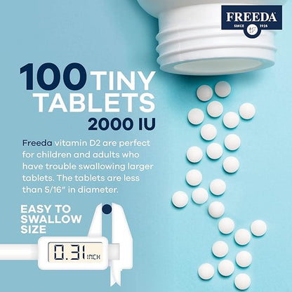FREEDA Vitamin D2 2000 IU – Vegan Vitamin D for Bone Strength & Immune Support – Vegan Ergocalciferol D2 Supplement – 100 Tiny Tablets
