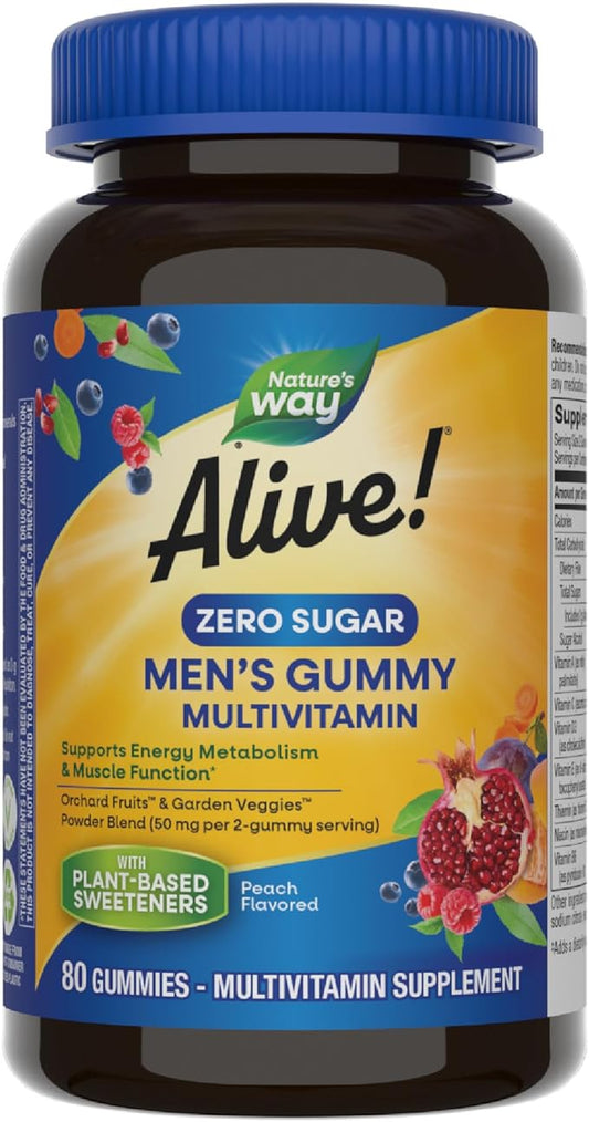 Nature's Way Alive! Zero Sugar Men's Gummy Multivitamins, Energy Metabolism*, Muscle Function*, B-Vitamins, No Sugar Alcohols, Plant-Based Sweeteners, Peach Flavored, 80 Gummies