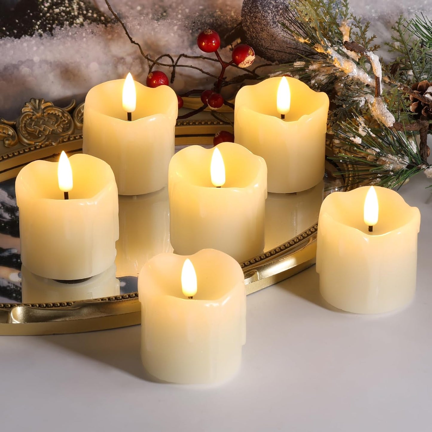 Eywamage Ivory Dripping Wax Flameless Votive Candles with Remote Batteries, 2x2 in Flickering Christmas LED Candles Set of 6