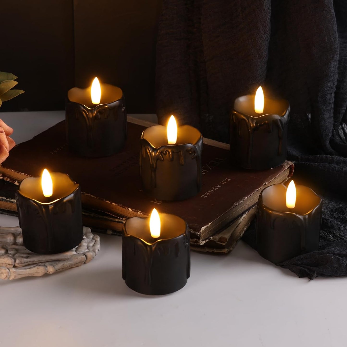 Eywamage Black Dripping Wax Flameless Candles with Timer Batteries, Realistic Flickering LED Votive Candles Set of 6