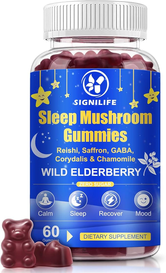 Sleep Mushroom Gummies with Reishi & Saffron -Natural Sleep Aid & Relaxation Supplement, Wild Elderberry Flavor, Non-GMO, No Sugar, 60 Count