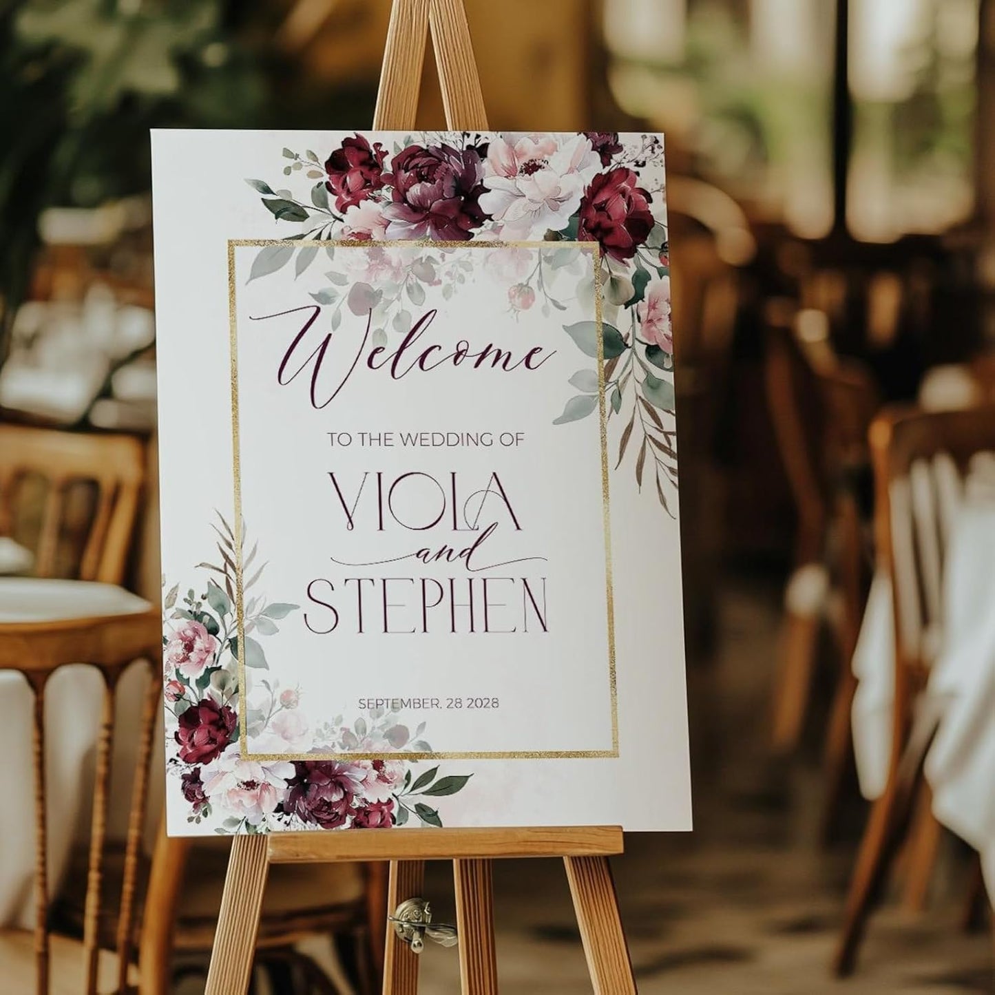 Welcome Wedding Sign Personalized, Burgundy Gold Dusty Pink Wedding Sign Decorations Signage 12" X 18" (Small), 27" (Medium), 36" (Large), Plastic, Modern, Pole Mount, Weather
