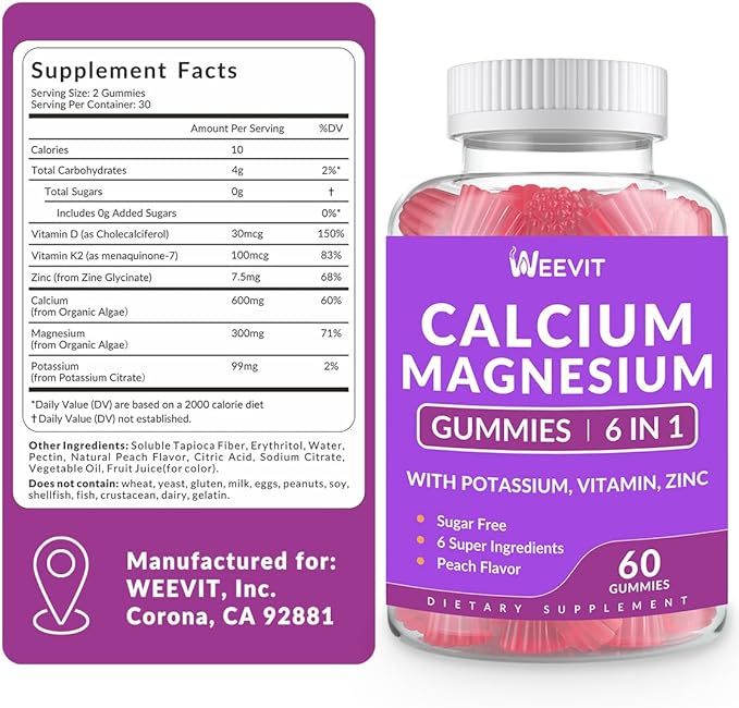 Sugar Free Calcium Gummies w/Vitamin D3 K2, Calcium Magnesium Zinc Gummies for Bone, Muscle & Immune, Algae CA Magnesium 2:1 Ratio Calcium Supplement for Women & Men - Vegan