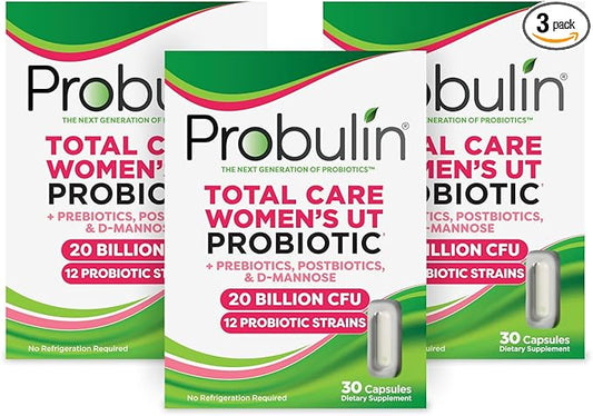 Probulin Total Care Women's Urinary Tract = Prebiotics + Probiotics + Postbiotics to Support Healthy Vaginal Microbiome - 20 Billion CFU - 12 Strains - 30 Vegan Caps (Pack of 3)