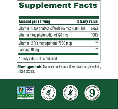 MegaFood Vitamin D3 5000 IU (125 mcg) - Vegetarian Supplements with Vitamin D3 K2 - Supports Bones, Teeth, Muscles & Immune Health - Certified Non-GMO - 120 Mini Capsules, 120 Servings