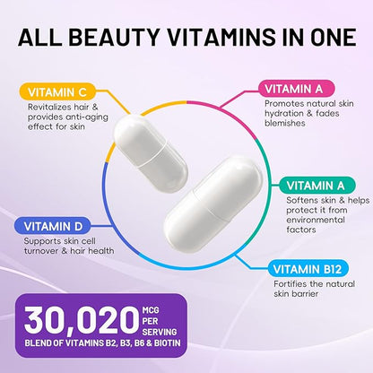 Biotin, Collagen, Hyaluronic Acid and Keratin Complex OnHeal Hair Regrowth Vitamin 30020mg - 120 Capsules for Thick Hair, Moisturized Skin, Strong Nails