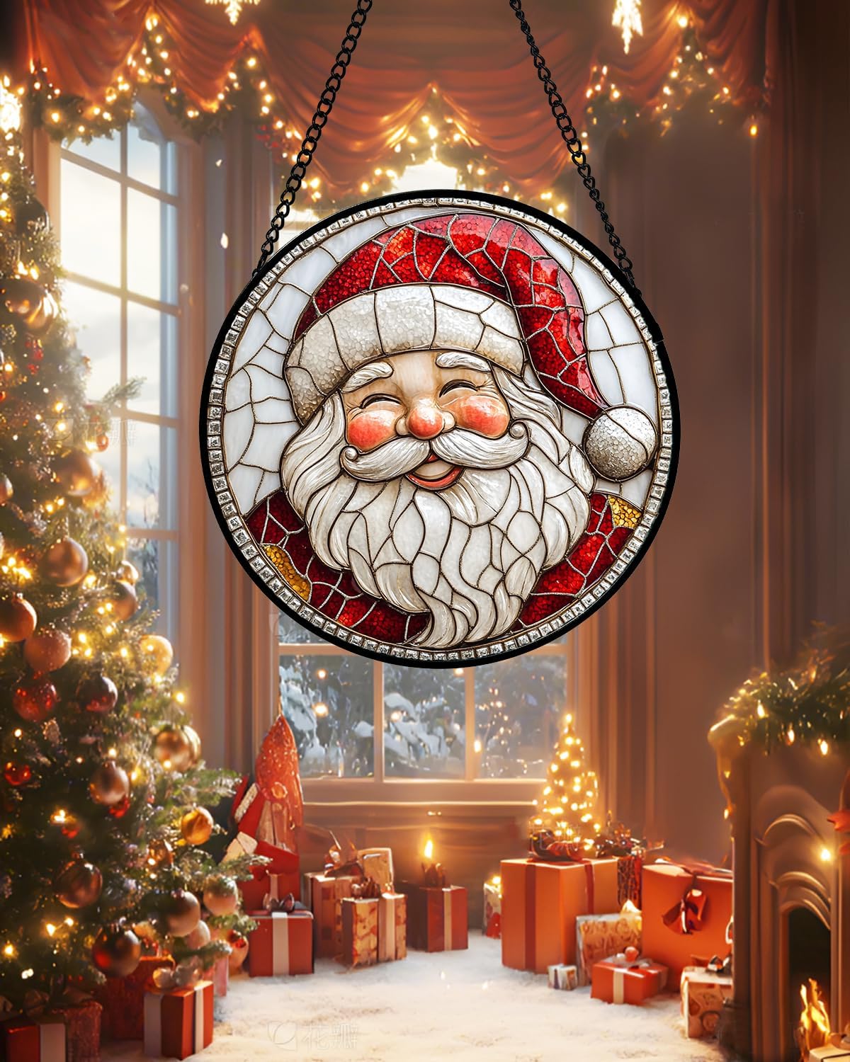 Stained Glass Window Hanging - Red White Santa Claus Suncatcher for Doors Home Christmas Decoration Winter Sun Catcher Thanksgiving New Year Birthday Gifts for Women Men Mom Nana Girl 15 in