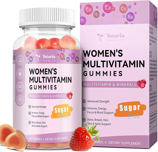 Sugar Free Multivitamin Gummies for Women 14+ w/Iron, Inositol, Folate, Biotin, Womens Daily Multivitamin Gummy w/Vitamin A, C, B, D3, K2, for Hair, Skin, Energy, Immune, Strawberry Flavor