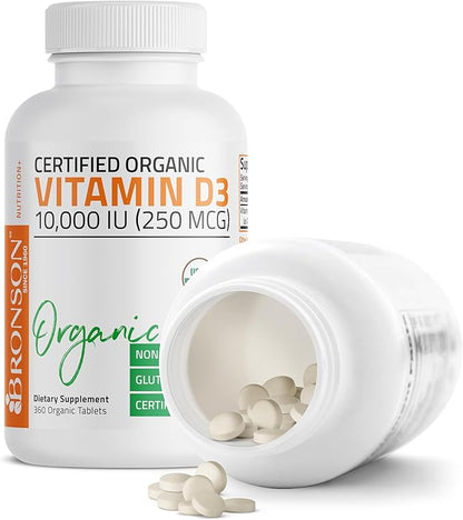 Bronson Vitamin D3 10,000 IU (250 mcg) Certified Organic High Potency Non-GMO Vitamin D Supplement, 360 Tablets