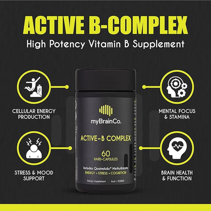 Active-B Complex – High Strength Activated B Vitamin Supplement with B2, B6, B12 & Methyl Folate – Supports Energy, Brain Function & Nervous System – 60 Vege-Capsules