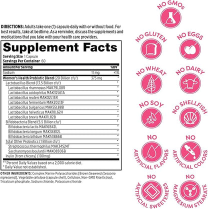 Probulin Women’s Health Probiotic + Prebiotic for Vaginal, Gut & Immune Health - 20 Billion CFU - 12 Probiotic Strains, 60 Vegan Capsules