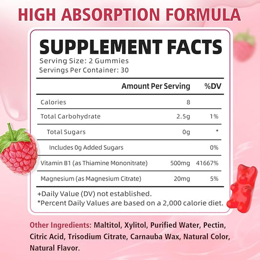 Pack of 2 Vitamin B1 Gummies 500mg for Adults & Kids, Thiamine B1 Supplement with Magnesium, Vitamin B1 Supplement for Nervous System Supports & Boost Energy, Raspberry Flavor, 120 Count
