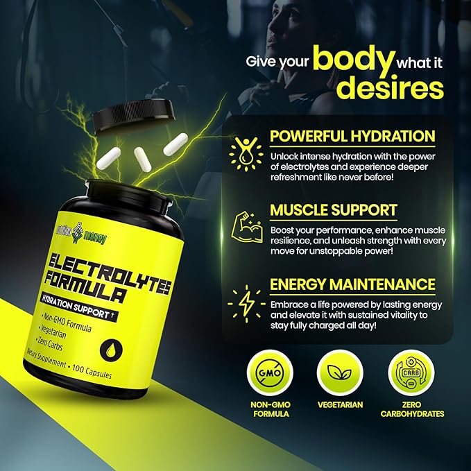 NutritionMoney Electrolyte Premium Hydration Supplement – Sugar Free, Zero Carbs, Non-GMO, Zero Calories, Keto-Friendly, Supports Carnivore Diet, Optimal Rehydration Electrolytes Capsules - 100 Count