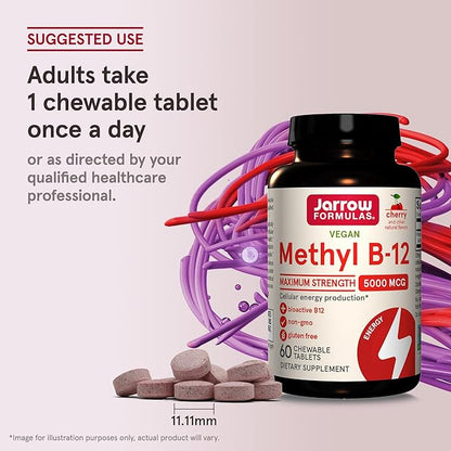 Jarrow Formulas Maximum Strength Methyl B-12 5000 mcg, Dietary Supplement for Cellular Energy Production and Brain Health Support, 60 Cherry-Flavored Chewable Tablets, 60 Day Supply, Pack of 12