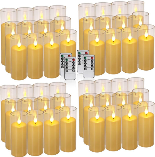 Flickering Flameless Candles Battery Operated with Remote and 2/4/6/8 H Timer Plexiglass Led Pillar Candles with Realistic Moving Wick Candles for Home Decor Pack of 48(D2.2"xH 5"6"7")(Ivory)