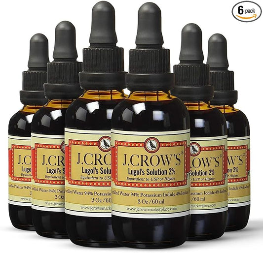 J.CROW'S® Lugol's Solution of Iodine 2% 2 oz (6 Bottles) – Premium Potassium Iodide Liquid, Supports Thyroid & Energy, Gluten &, Alcohol-Free Natural Brine Extract, No Expiration