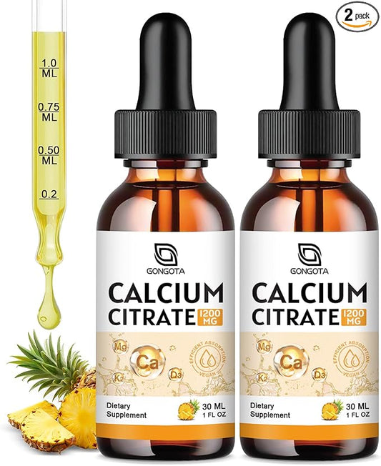 Calcium Citrate Supplement – Calcium Citrate 1200mg with Vitamin D3 Drops | Highly Absorbable | Non-GMO, Gluten-Free | Bones, Teeth & Muscle Support - 1 Fl Oz (2 Pack)