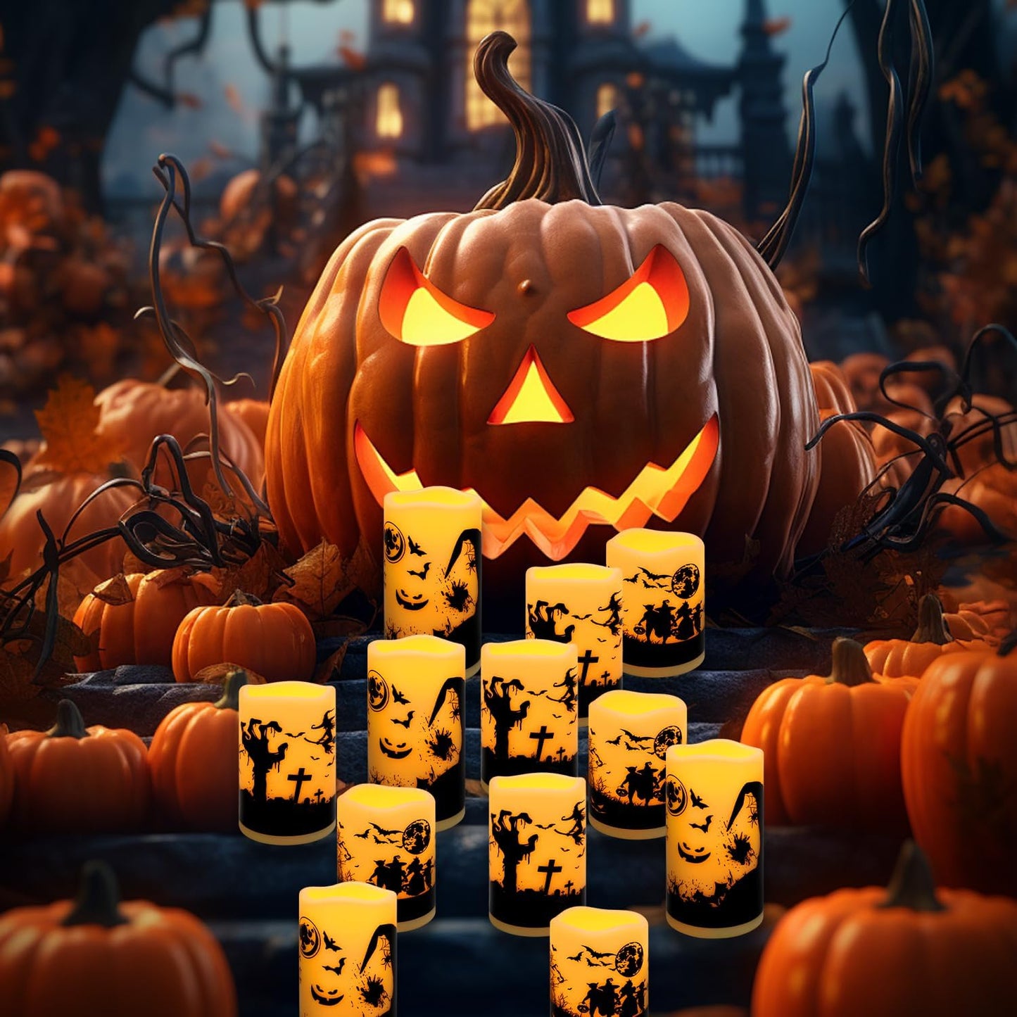 12-Pack Halloween LED Flameless Pillar Candles - Battery Operated with Remote & Timer, Flickering Warm Light, Witch/Bats/Castle Decals - Spooky Halloween Decor, Ghost Party Supplies, Gifts