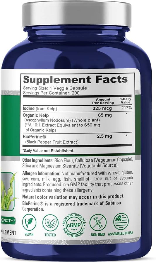 NusaPure High Absorption Sea Kelp Iodine 325mcg 650 mg per Veggie Capsule 200 Count (Non-GMO, Vegan)