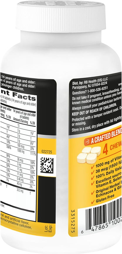 Airborne 1000mg Vitamin C with D and Zinc, Multivitamin Immune Support Supplement with Antioxidants A, C, and E, 200 Chewable Tablets, Citrus Flavor