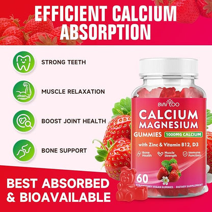 Calcium Gummies 1000mg with Vitamin D3 K2 & B Complex, Potassium, Calcium Magnesium Zinc Gummies for Bone, Muscle, Mood and Immunity - Vegan, Non-GMO, Strawberry Flavor 60 Count