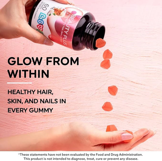 Beauty Plus Gummy Vitamins - Biotin Gummies for Hair, Skin and Nails | Natural, Gluten-Free, Non-GMO Beauty Supplement with Vitamins A, C, E, B12, D3, Zinc & More - Cream Soda Flavor - 60 Ct