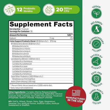 Probulin Colon Support Probiotic Supplement, Daily Gut, Digestive, and Immune Health Probiotics Capsules for Men and Women, 20 Billion CFU, Vegan, 30 Count Bottle