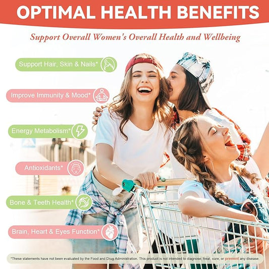 Sugar Free Multivitamin Gummies for Women 14+ w/Iron, Inositol, Folate, Biotin, Womens Daily Multivitamin Gummy w/Vitamin A, C, B, D3, K2, for Hair, Skin, Energy, Immune, Peach Flavor