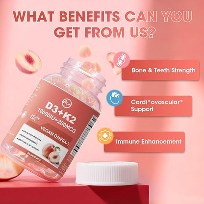 Vitamin D3 K2 Gummies, Vitamin D3 10000IU, K2 (MK-7) 200mcg, 6-in-1 Vitamina D3 Con K2 Supplement with Omega-3, Magnesium, Calcium and Zinc for Bones, Teeth & Immune Support, Sugar Free, 2 Packs
