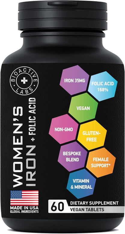 Vegan Iron Supplements for Women with Folic Acid - 168% Folate Folic Acid, 194% Ferrous Sulfate Blood Builder with Anemia and Pregnant Women - 2-Pack, 120 Gluten-Free Gentle Iron Tablets