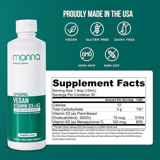 Manna Vitamins Evolved Liposomal Vegan K2 D3 Vitamin Supplement - Immune Support Supplement - Vitamin K2 - Heart Health Supplements - Vegan D3 - Vitamin D3 K2 - Liquid Vitamin D3 with K2