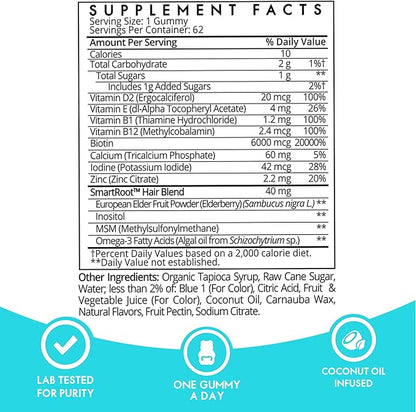 SugarBearPro Hair Vitamin Gummy 6 Month Supply Extra Strength Biotin 6000mcg, Growth for Men & Women, Vegan Vitamin B12, MSM, Inositol, Omega 3, Elderberry, Certified Kosher, Halal, Cruelty-Free
