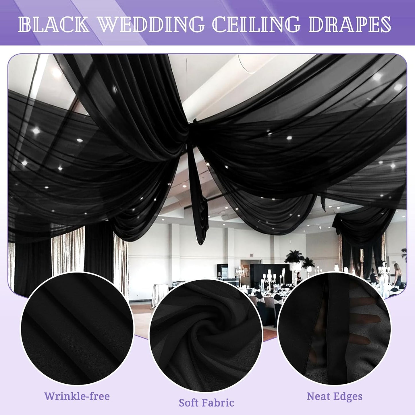 6 Panels Black Ceiling Drapes for Wedding 5ftx10ft Chiffon Fabric Arch Draping Curtains Sheer Drapery for Party Ceremony Birthday Baby Shower Reception Stage Swag Ceiling Decorations