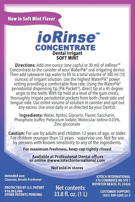 ioRinse Concentrated Irrigant with Active Molecular Iodine, Alcohol-Free Dental Irrigant, use with Water Flossers, and All Other Oral Irrigation Devices - Soft Mint