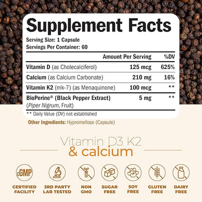 Vitamin D3 K2 & Calcium Supplement with BioPerine for Immune & Bone Health - Vitamin K2 as MK7 + Calcium + Vit D3 5000 IU. 4 in 1 Support for Strong Bones, Teeth and Heart Health. Non-GMO. 60 Capsules