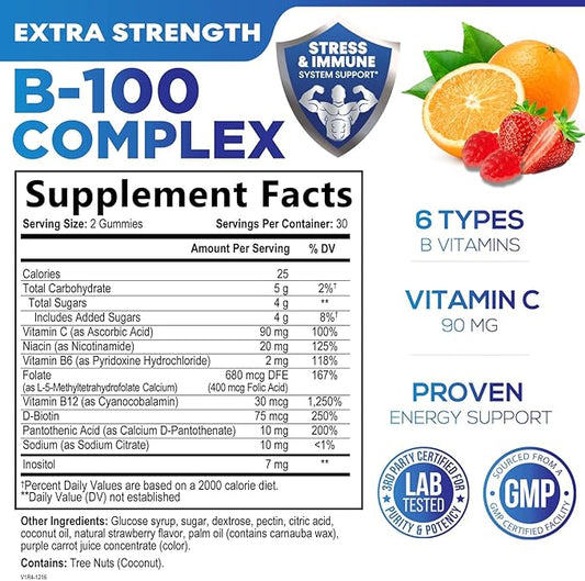 B Complex Gummies with Vitamin C & Folic Acid, Extra Strength Super Vitamin B Gummies Supplement with Niacin, B6, Folic Acid, B12, Biotin, Nature's Energy Immune Support Supplements - 60 Gummies