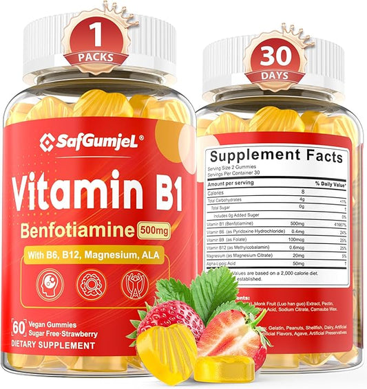 Vitamin B1 Gummies - Benfotiamine 500mg, Vitamin B1 B6 B12 Complex, Sugar Free, Non GMO, Vegan, 60 Counts