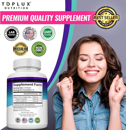 Toplux Keto MCT Oil Capsules - 3000mg Natural Pure Coconut Oil Extract Pills, Source of Energy, Easy to Digest for Men Women, 90 Softgels, Supplement