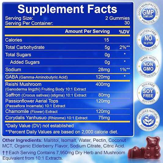 Sleep Mushroom Gummies with Reishi & Saffron -Natural Sleep Aid & Relaxation Supplement, Wild Elderberry Flavor, Non-GMO, No Sugar, 60 Count