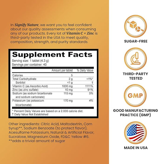 SIGNIFY NATURE Vitamin C 1000mg Effervescent Tablets - Potent Immune Support VIT C with Zinc Supplement - Sugar-Free & Vegan Formula | Dissolvable Vitamin C Tablets - Water Soluble Fizzy Elixir - 40CT