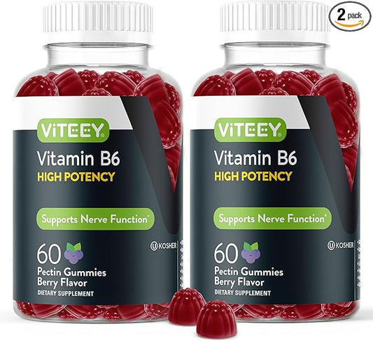 Viteey Vitamin B6 Gummies - Energy, Nerve & Mood Support - B6 Vitamins 100mg - Vegan, Gluten Free, GMO Free - 120 Count
