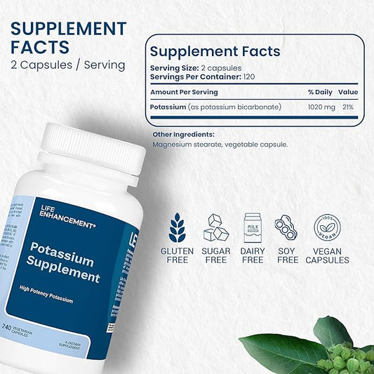 Life Enhancement High Absorption Potassium Supplement for Muscle, Brain & Bone Health - No Additives High Potency Elemental Potassium Supplement is Made in USA (240 Capsules – 120 Servings)