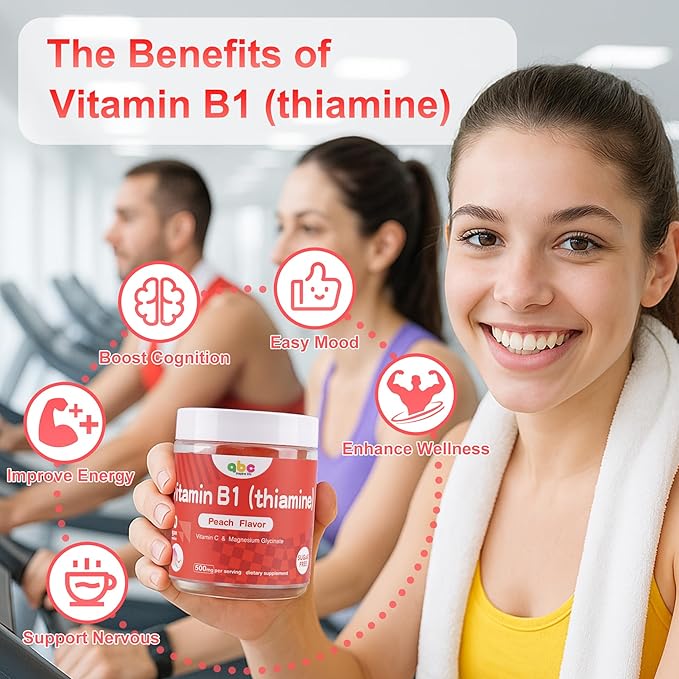 Vitamin B1 Gummies 300mg for Adults & Kids,Chewable Thiamine B1 Supplement with 150mg Magnesium,Nervous System Healthy Energy,Natural Peach Flavor,Non GMO,Vegan 60 Count Sugar-Free 1-Month Supply1